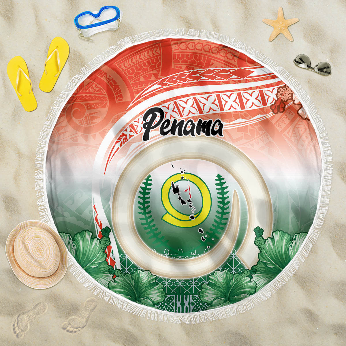 Penama Vanuatu Beach Blanket Hibiscus Sand Drawing with Pacific Pattern LT9 One Size 150cm Red Art - Polynesian Pride
