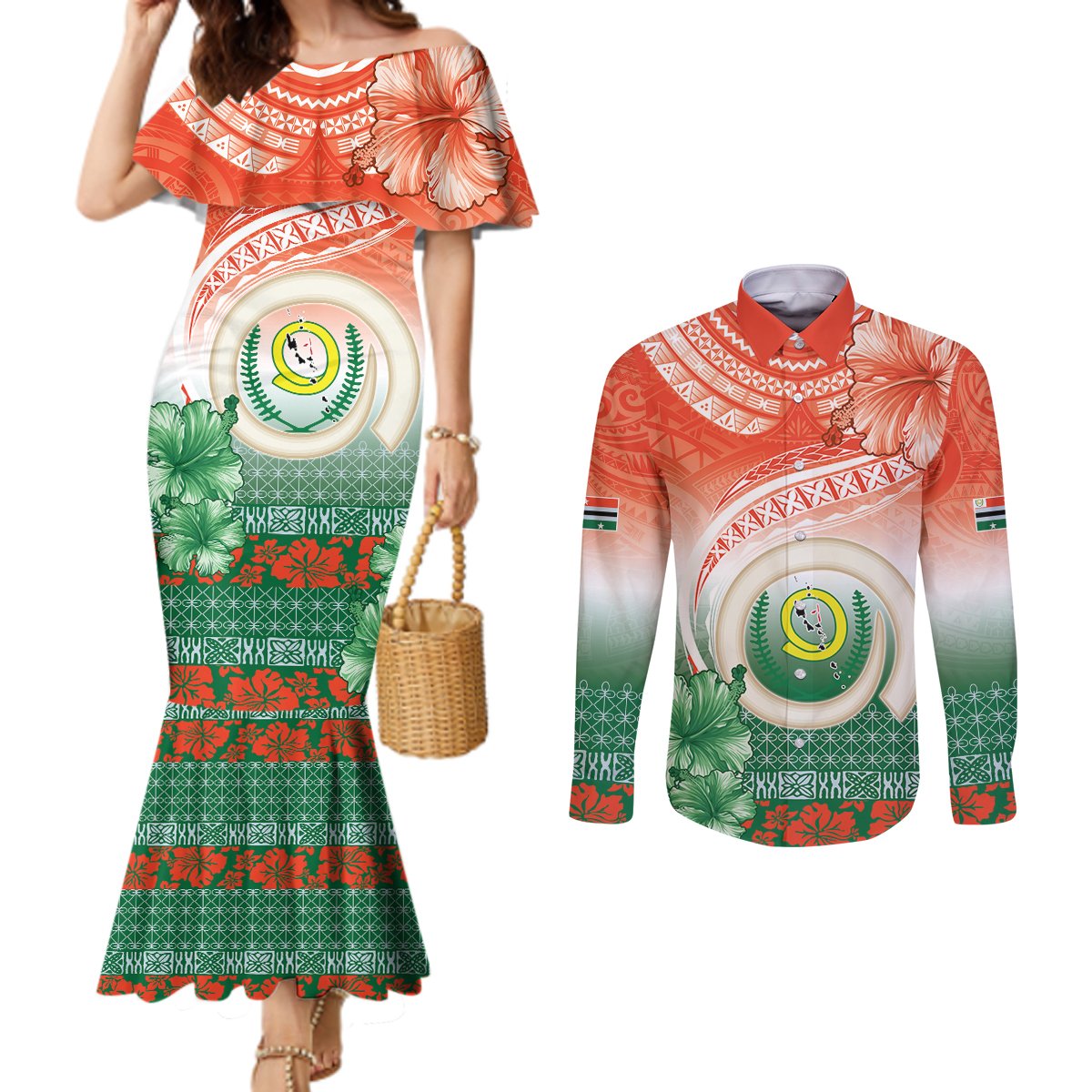 Penama Vanuatu Couples Matching Mermaid Dress and Long Sleeve Button Shirt Hibiscus Sand Drawing with Pacific Pattern LT9 Red Art - Polynesian Pride