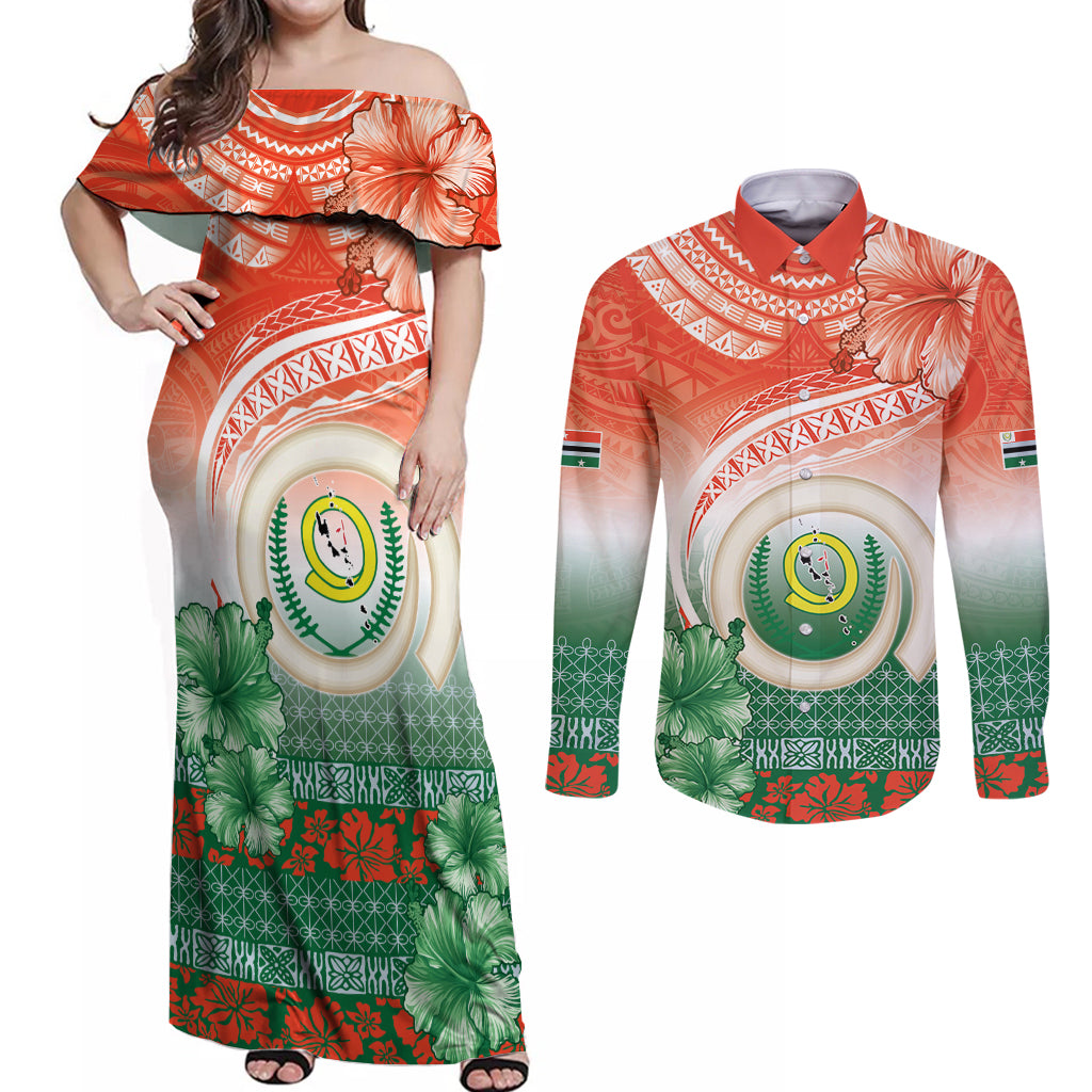 Penama Vanuatu Couples Matching Off Shoulder Maxi Dress and Long Sleeve Button Shirt Hibiscus Sand Drawing with Pacific Pattern LT9 Red Art - Polynesian Pride