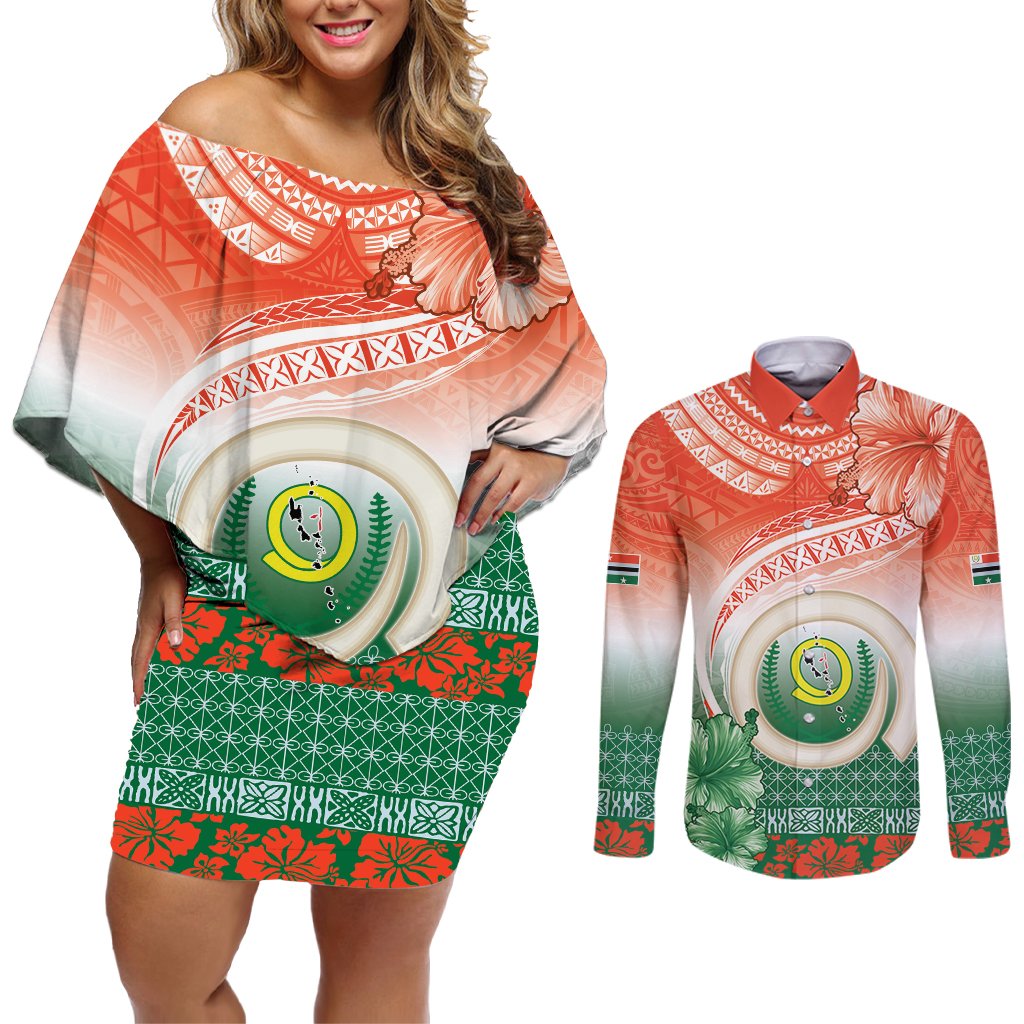 Penama Vanuatu Couples Matching Off Shoulder Short Dress and Long Sleeve Button Shirt Hibiscus Sand Drawing with Pacific Pattern LT9 Red Art - Polynesian Pride