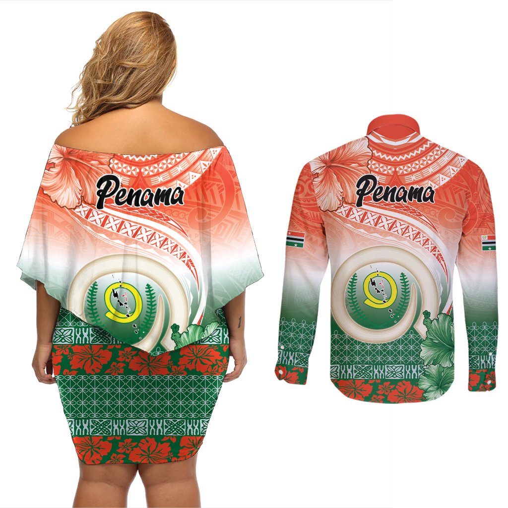 Penama Vanuatu Couples Matching Off Shoulder Short Dress and Long Sleeve Button Shirt Hibiscus Sand Drawing with Pacific Pattern LT9 - Polynesian Pride