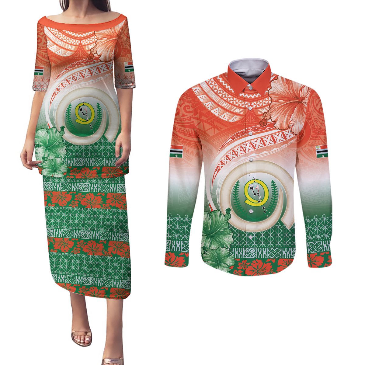 Penama Vanuatu Couples Matching Puletasi and Long Sleeve Button Shirt Hibiscus Sand Drawing with Pacific Pattern LT9 Red Art - Polynesian Pride