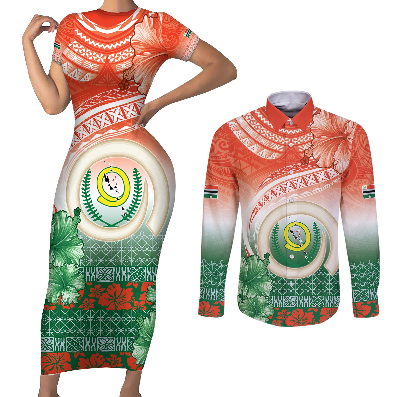 Penama Vanuatu Couples Matching Short Sleeve Bodycon Dress and Long Sleeve Button Shirt Hibiscus Sand Drawing with Pacific Pattern LT9 Red Art - Polynesian Pride