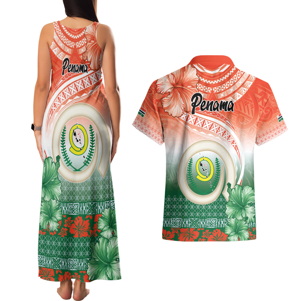 Penama Vanuatu Couples Matching Tank Maxi Dress and Hawaiian Shirt Hibiscus Sand Drawing with Pacific Pattern