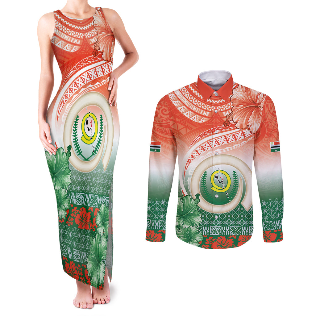 Penama Vanuatu Couples Matching Tank Maxi Dress and Long Sleeve Button Shirt Hibiscus Sand Drawing with Pacific Pattern LT9 Red Art - Polynesian Pride