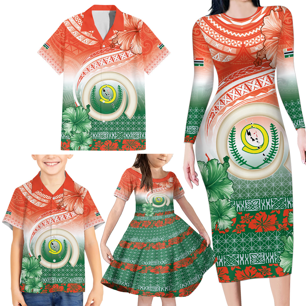 Penama Vanuatu Family Matching Long Sleeve Bodycon Dress and Hawaiian Shirt Hibiscus Sand Drawing with Pacific Pattern