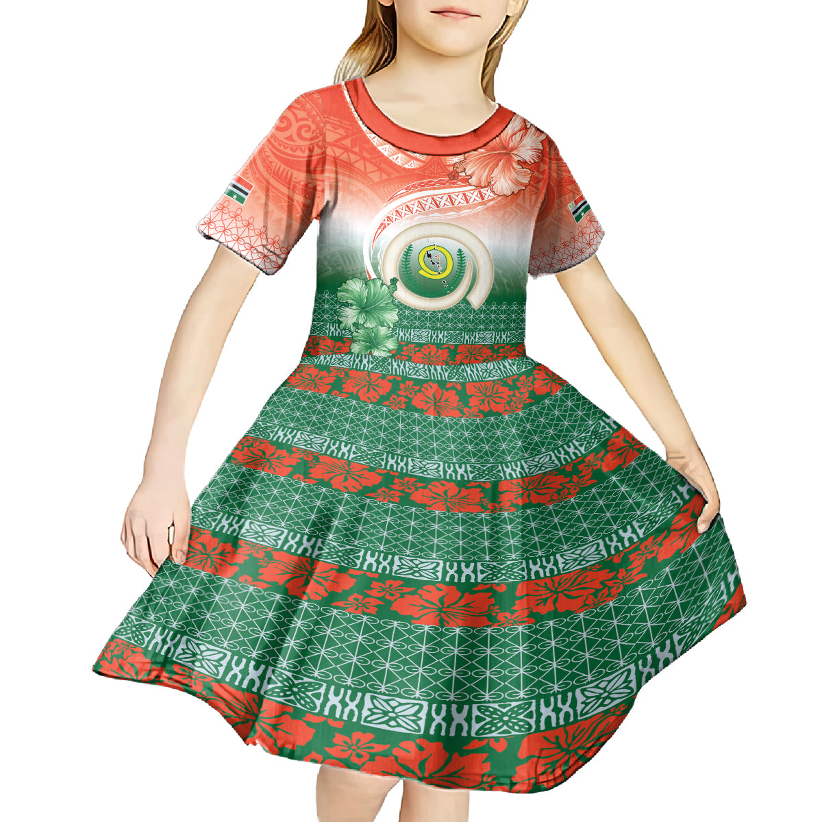 Penama Vanuatu Kid Short Sleeve Dress Hibiscus Sand Drawing with Pacific Pattern