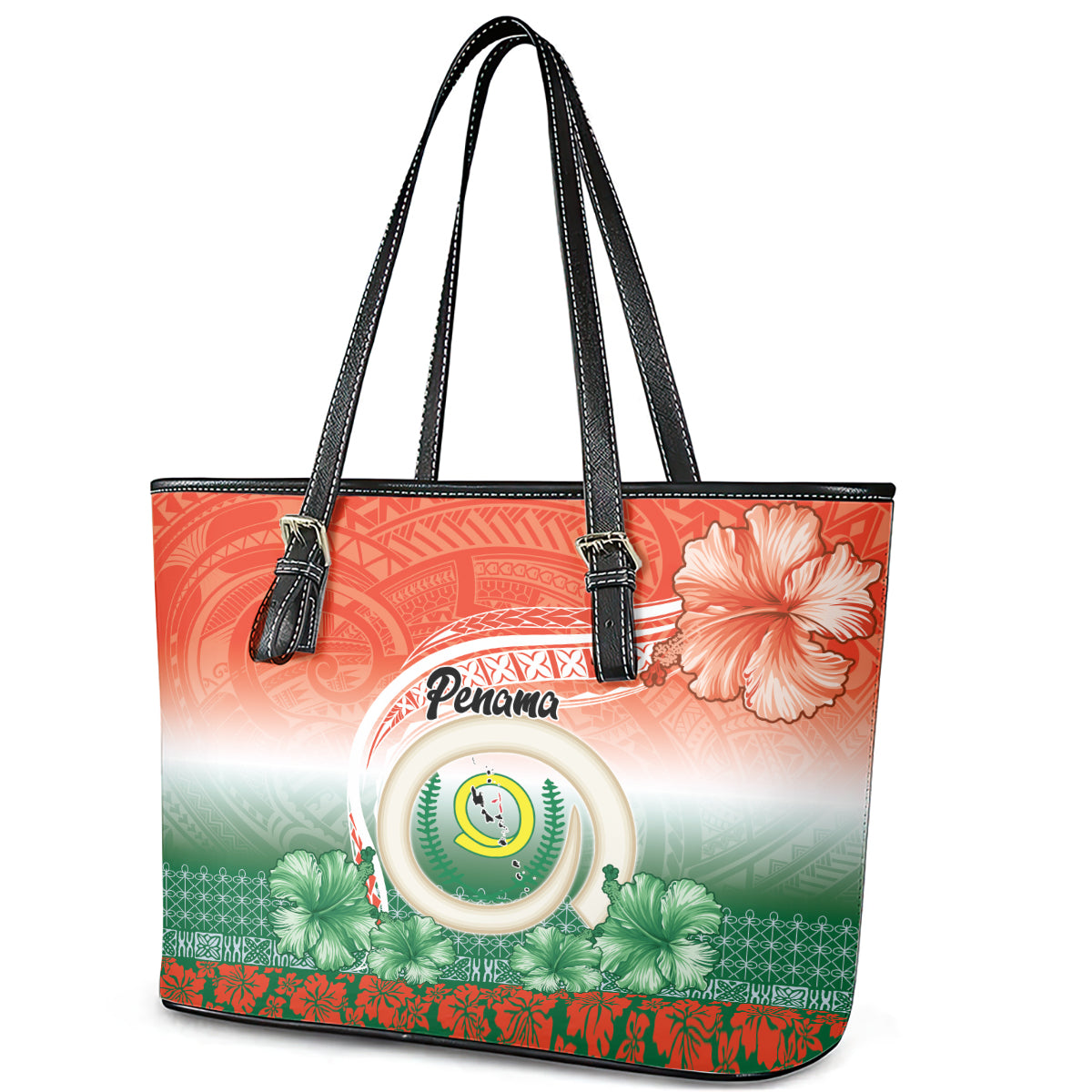 Penama Vanuatu Leather Tote Bag Hibiscus Sand Drawing with Pacific Pattern