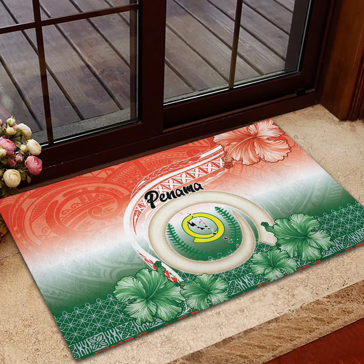 Penama Vanuatu Rubber Doormat Hibiscus Sand Drawing with Pacific Pattern LT9 - Polynesian Pride