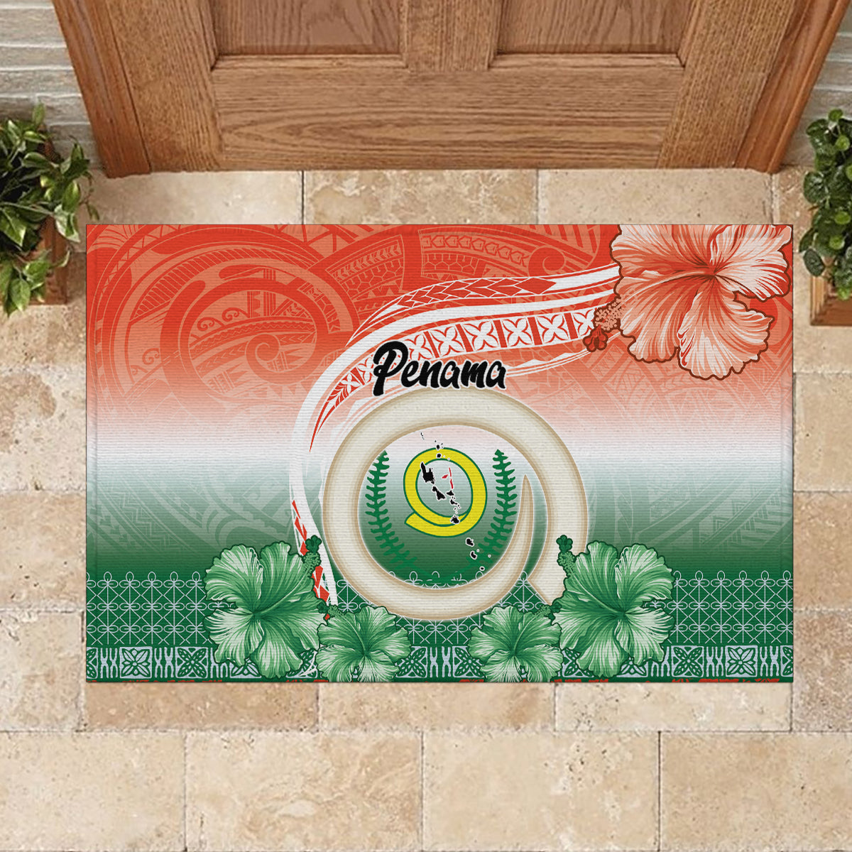 Penama Vanuatu Rubber Doormat Hibiscus Sand Drawing with Pacific Pattern LT9 - Polynesian Pride