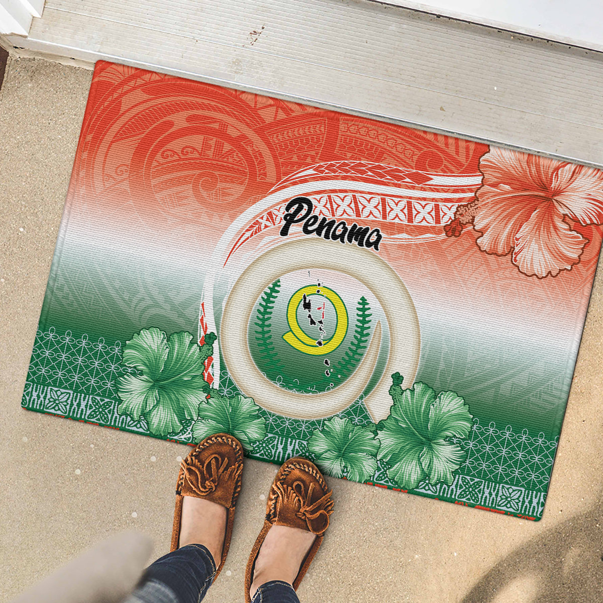 Penama Vanuatu Rubber Doormat Hibiscus Sand Drawing with Pacific Pattern LT9 - Polynesian Pride