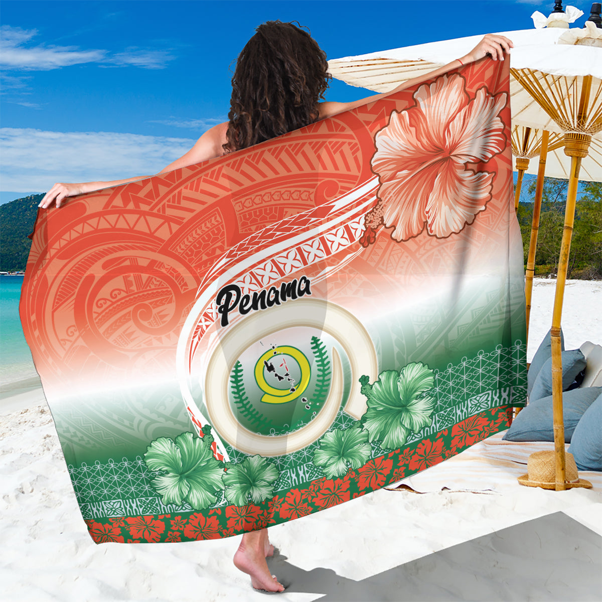 Penama Vanuatu Sarong Hibiscus Sand Drawing with Pacific Pattern