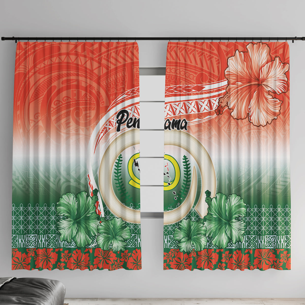 Penama Vanuatu Window Curtain Hibiscus Sand Drawing with Pacific Pattern LT9 With Hooks Red Art - Polynesian Pride