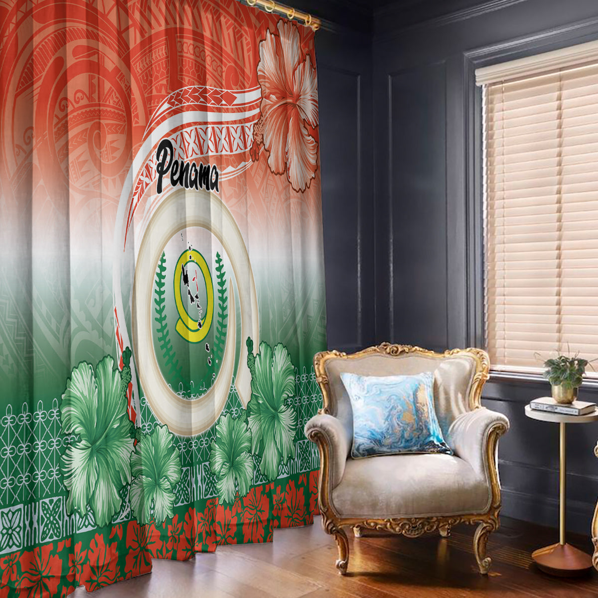 Penama Vanuatu Window Curtain Hibiscus Sand Drawing with Pacific Pattern LT9 - Polynesian Pride