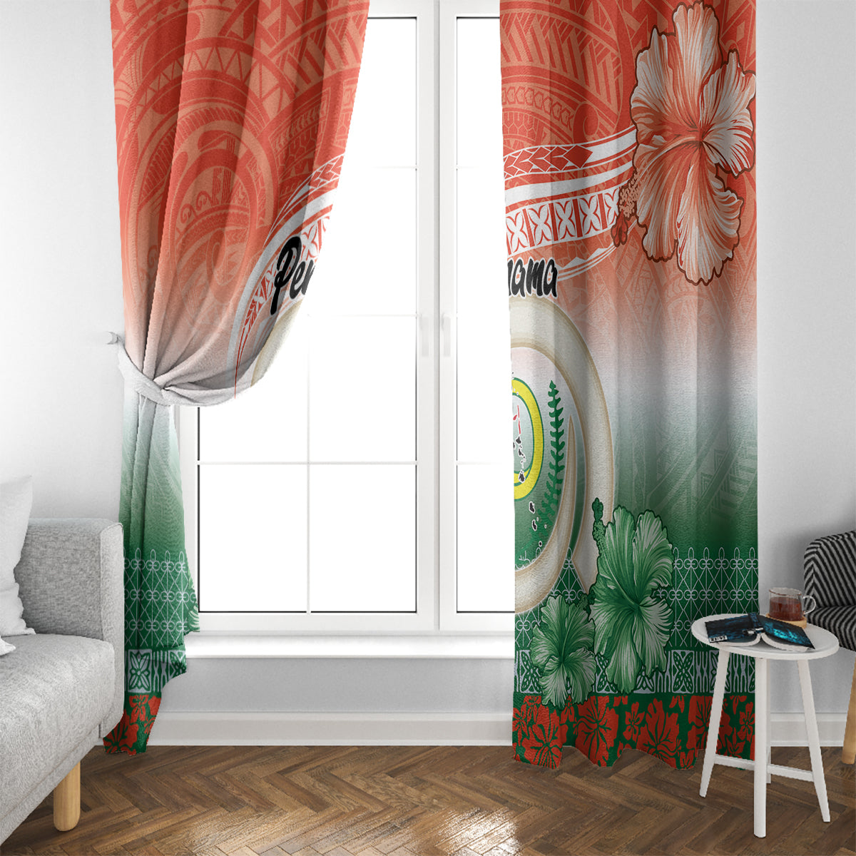 Penama Vanuatu Window Curtain Hibiscus Sand Drawing with Pacific Pattern LT9 - Polynesian Pride