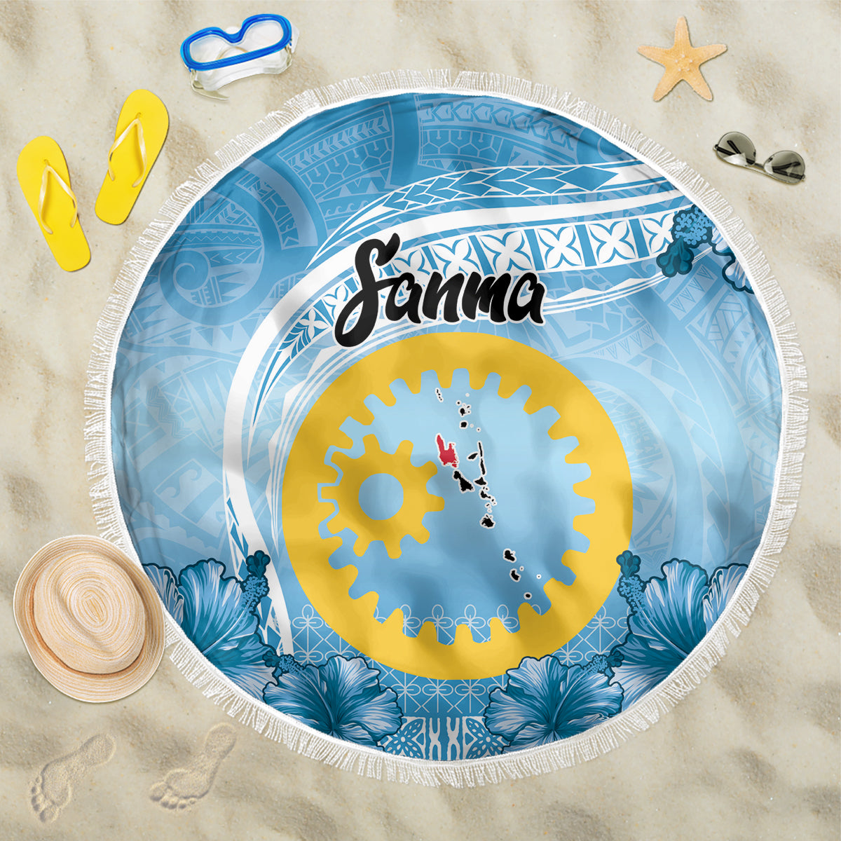 Sanma Vanuatu Beach Blanket Hibiscus Sand Drawing with Pacific Pattern LT9 One Size 150cm Blue Art - Polynesian Pride