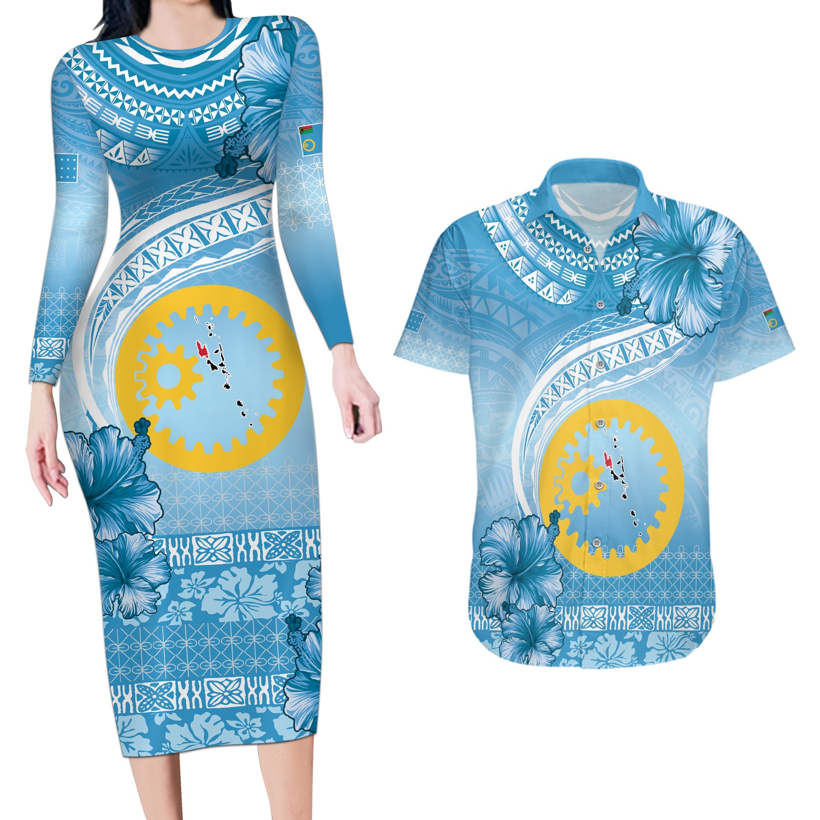 Sanma Vanuatu Couples Matching Long Sleeve Bodycon Dress and Hawaiian Shirt Hibiscus Sand Drawing with Pacific Pattern