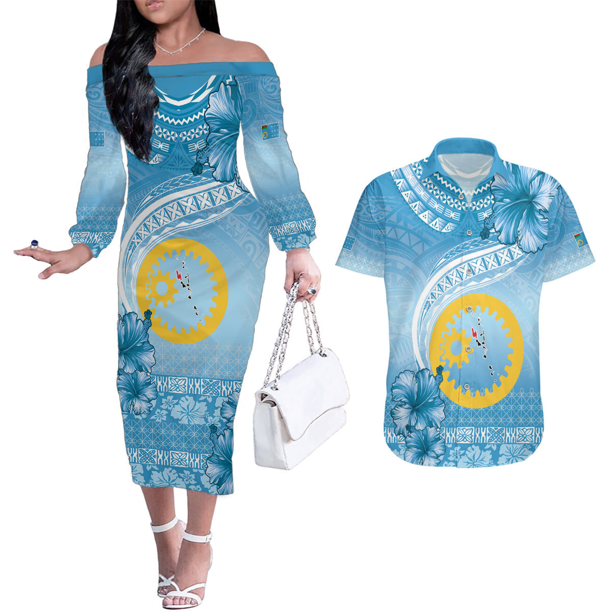Sanma Vanuatu Couples Matching Off The Shoulder Long Sleeve Dress and Hawaiian Shirt Hibiscus Sand Drawing with Pacific Pattern