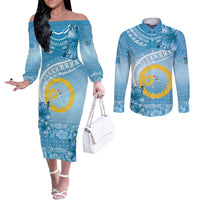 Sanma Vanuatu Couples Matching Off The Shoulder Long Sleeve Dress and Long Sleeve Button Shirt Hibiscus Sand Drawing with Pacific Pattern LT9 Blue Art - Polynesian Pride