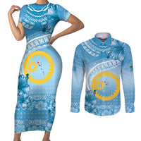 Sanma Vanuatu Couples Matching Short Sleeve Bodycon Dress and Long Sleeve Button Shirt Hibiscus Sand Drawing with Pacific Pattern LT9 Blue Art - Polynesian Pride