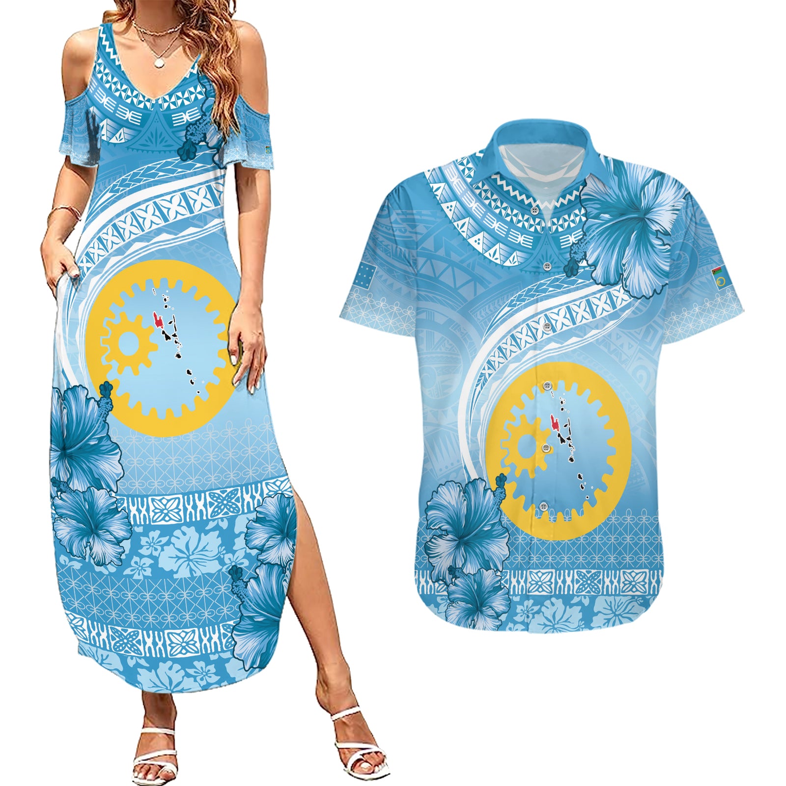 Sanma Vanuatu Couples Matching Summer Maxi Dress and Hawaiian Shirt Hibiscus Sand Drawing with Pacific Pattern
