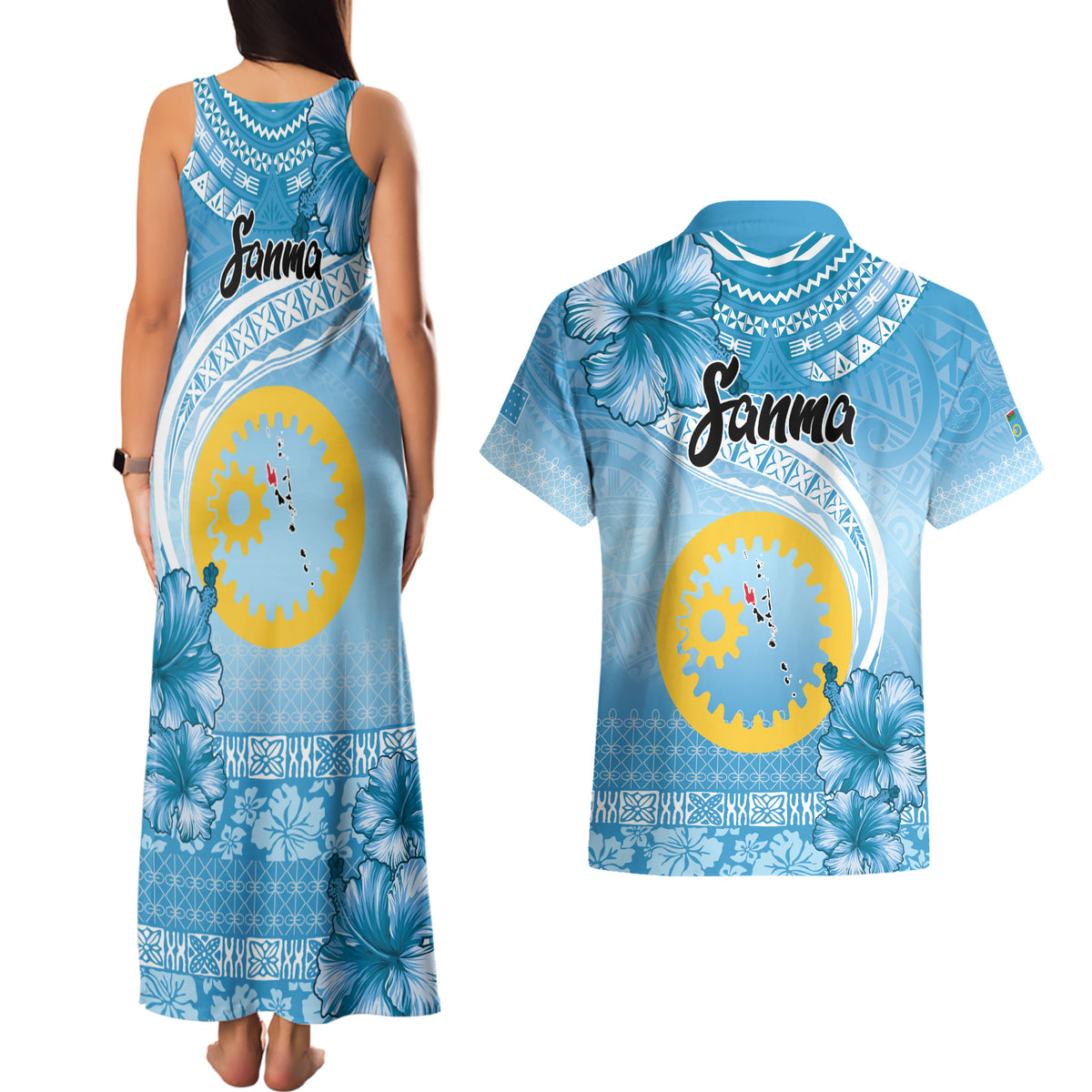 Sanma Vanuatu Couples Matching Tank Maxi Dress and Hawaiian Shirt Hibiscus Sand Drawing with Pacific Pattern