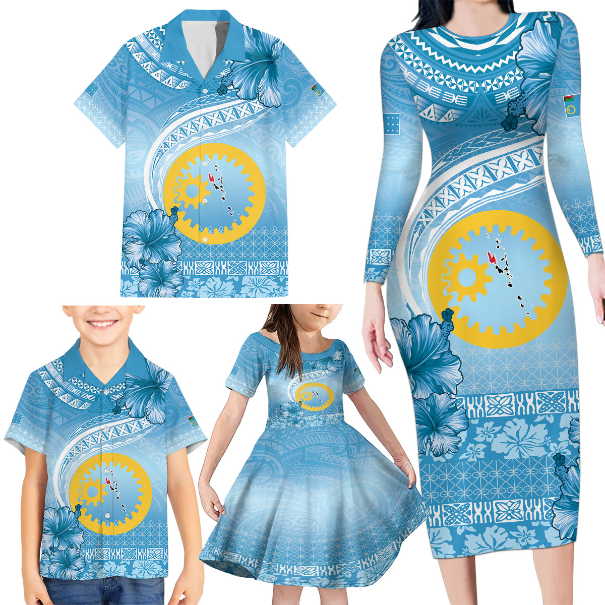 Sanma Vanuatu Family Matching Long Sleeve Bodycon Dress and Hawaiian Shirt Hibiscus Sand Drawing with Pacific Pattern