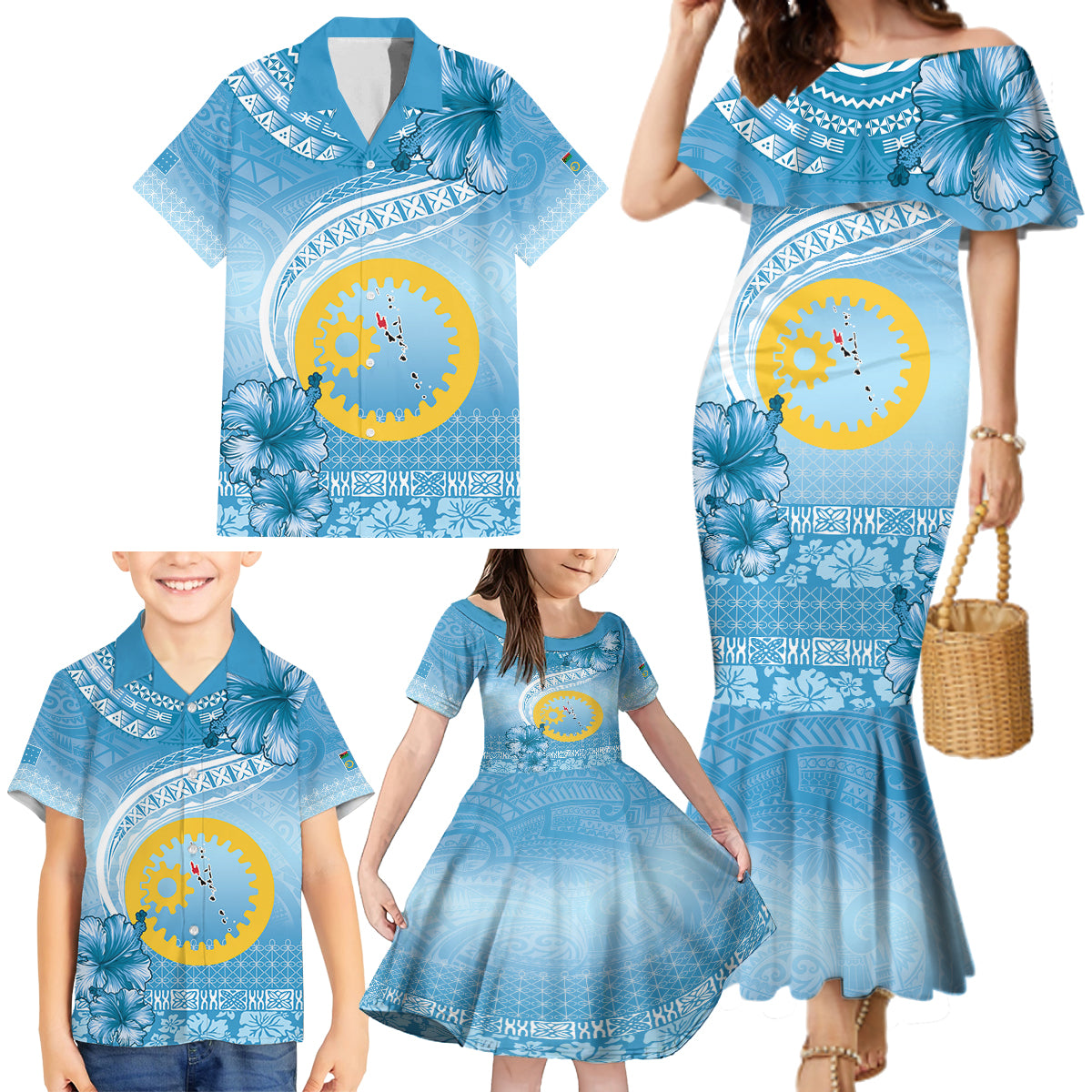 Sanma Vanuatu Family Matching Mermaid Dress and Hawaiian Shirt Hibiscus Sand Drawing with Pacific Pattern