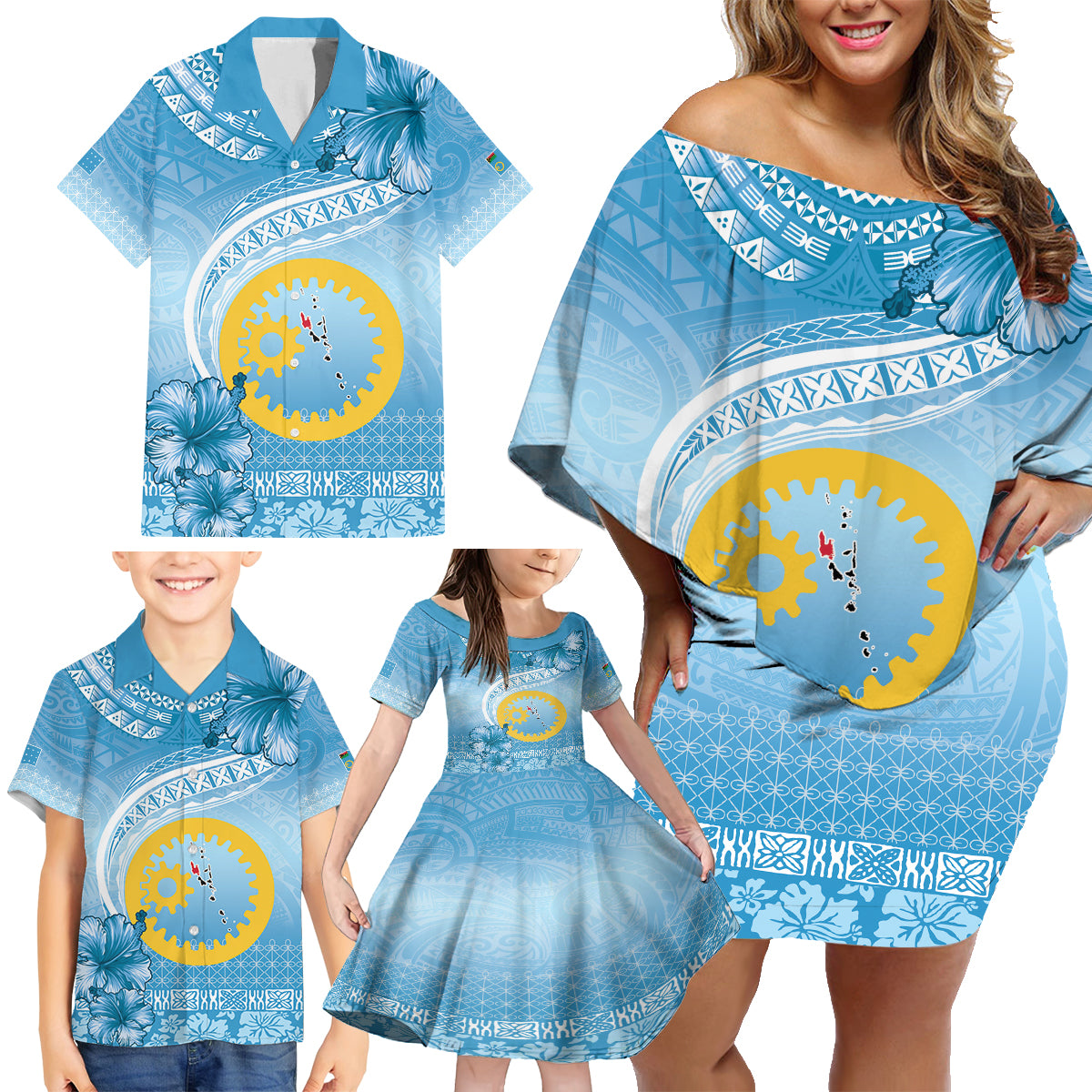 Sanma Vanuatu Family Matching Off Shoulder Short Dress and Hawaiian Shirt Hibiscus Sand Drawing with Pacific Pattern