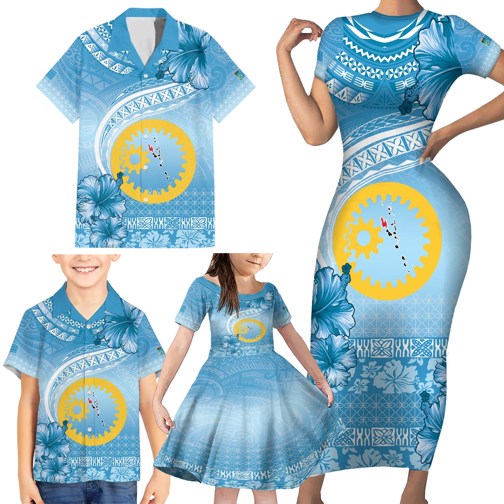 Sanma Vanuatu Family Matching Short Sleeve Bodycon Dress and Hawaiian Shirt Hibiscus Sand Drawing with Pacific Pattern