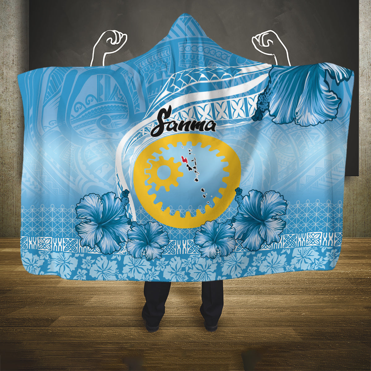 Sanma Vanuatu Hooded Blanket Hibiscus Sand Drawing with Pacific Pattern LT9 One Size Blue Art - Polynesian Pride