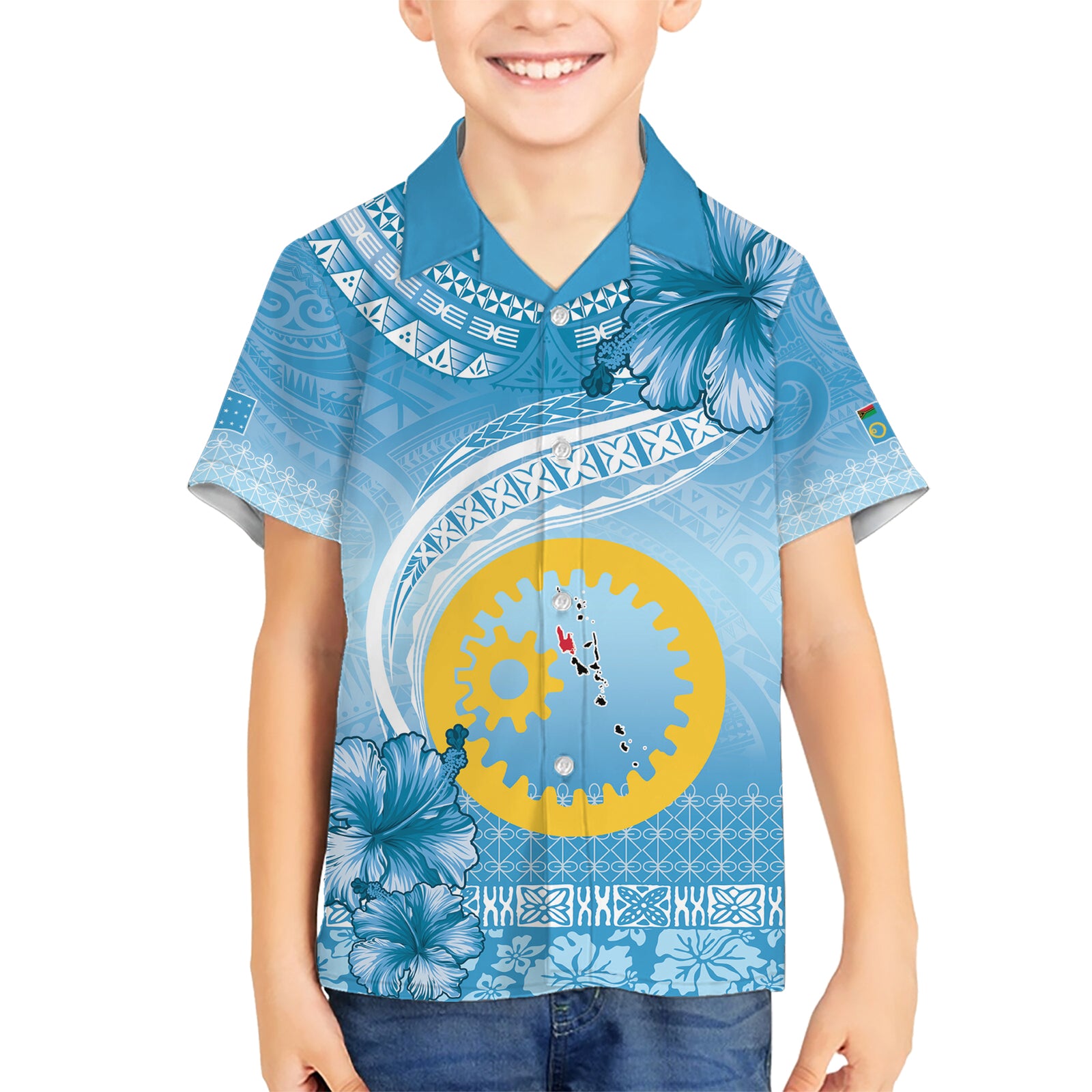 Sanma Vanuatu Kid Hawaiian Shirt Hibiscus Sand Drawing with Pacific Pattern
