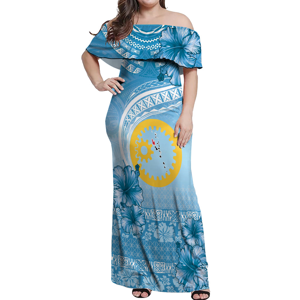 Sanma Vanuatu Off Shoulder Maxi Dress Hibiscus Sand Drawing with Pacific Pattern LT9 Women Blue Art - Polynesian Pride