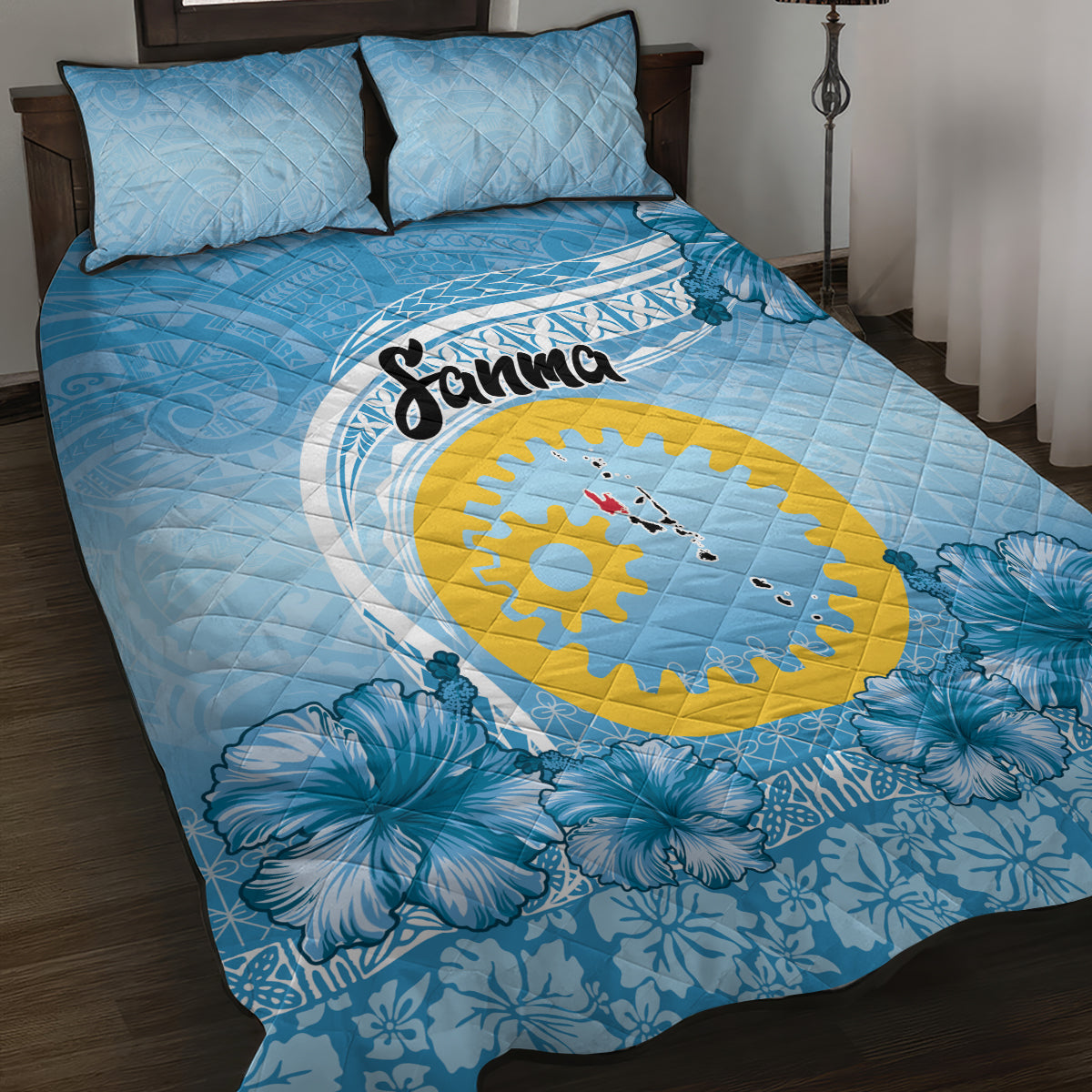 Sanma Vanuatu Quilt Bed Set Hibiscus Sand Drawing with Pacific Pattern LT9 Blue Art - Polynesian Pride