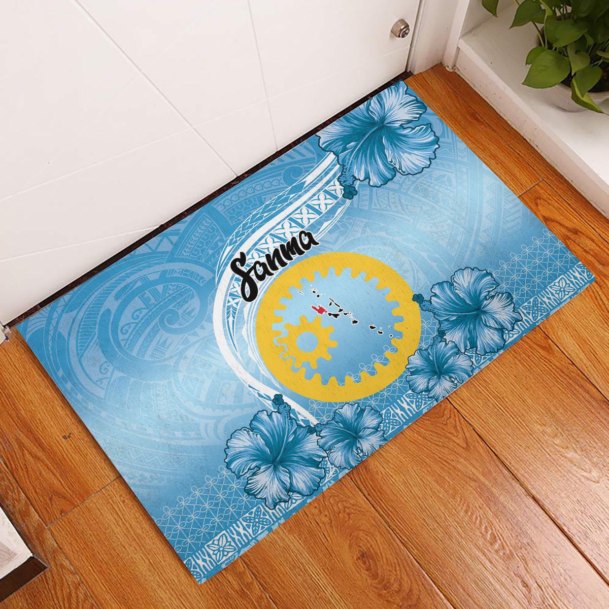 Sanma Vanuatu Rubber Doormat Hibiscus Sand Drawing with Pacific Pattern LT9 Blue Art - Polynesian Pride