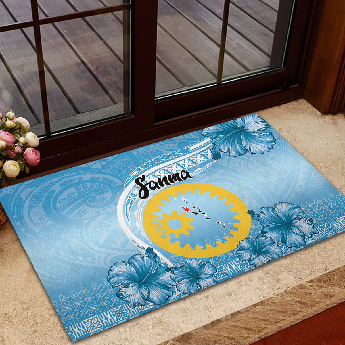 Sanma Vanuatu Rubber Doormat Hibiscus Sand Drawing with Pacific Pattern LT9 - Polynesian Pride
