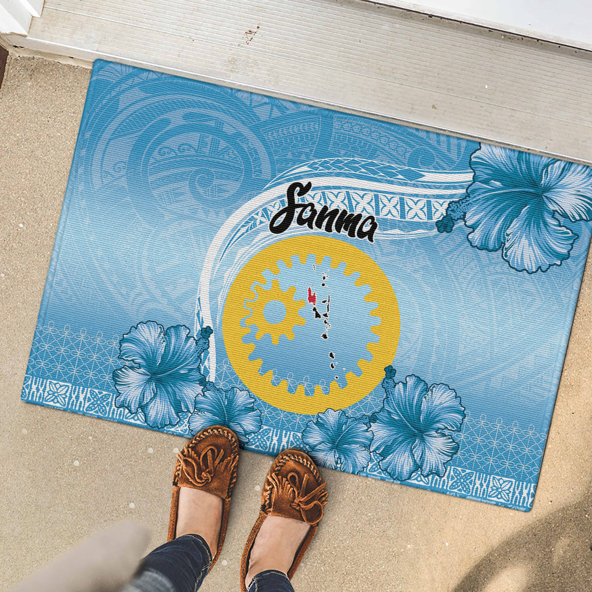 Sanma Vanuatu Rubber Doormat Hibiscus Sand Drawing with Pacific Pattern LT9 - Polynesian Pride