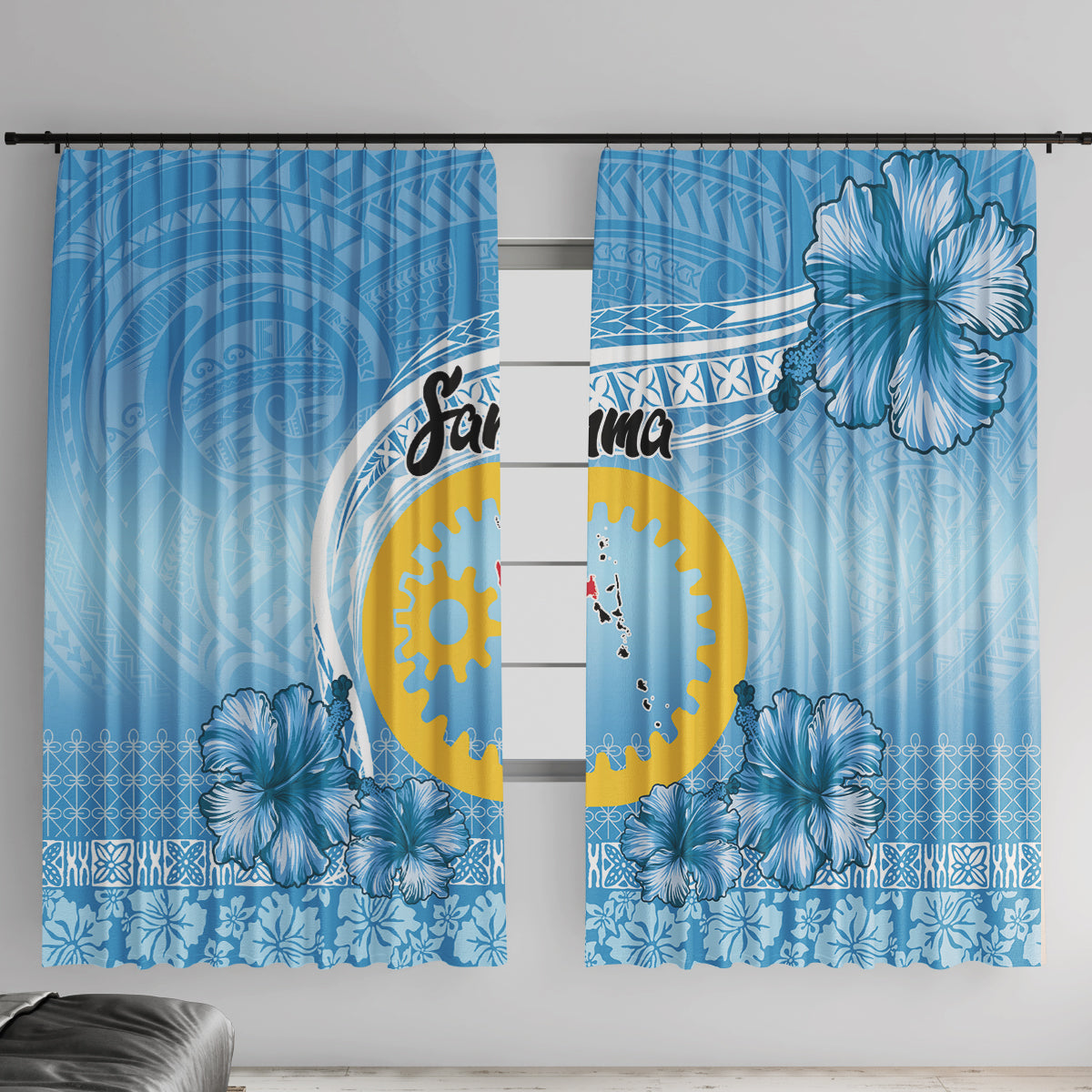 Sanma Vanuatu Window Curtain Hibiscus Sand Drawing with Pacific Pattern LT9 With Hooks Blue Art - Polynesian Pride