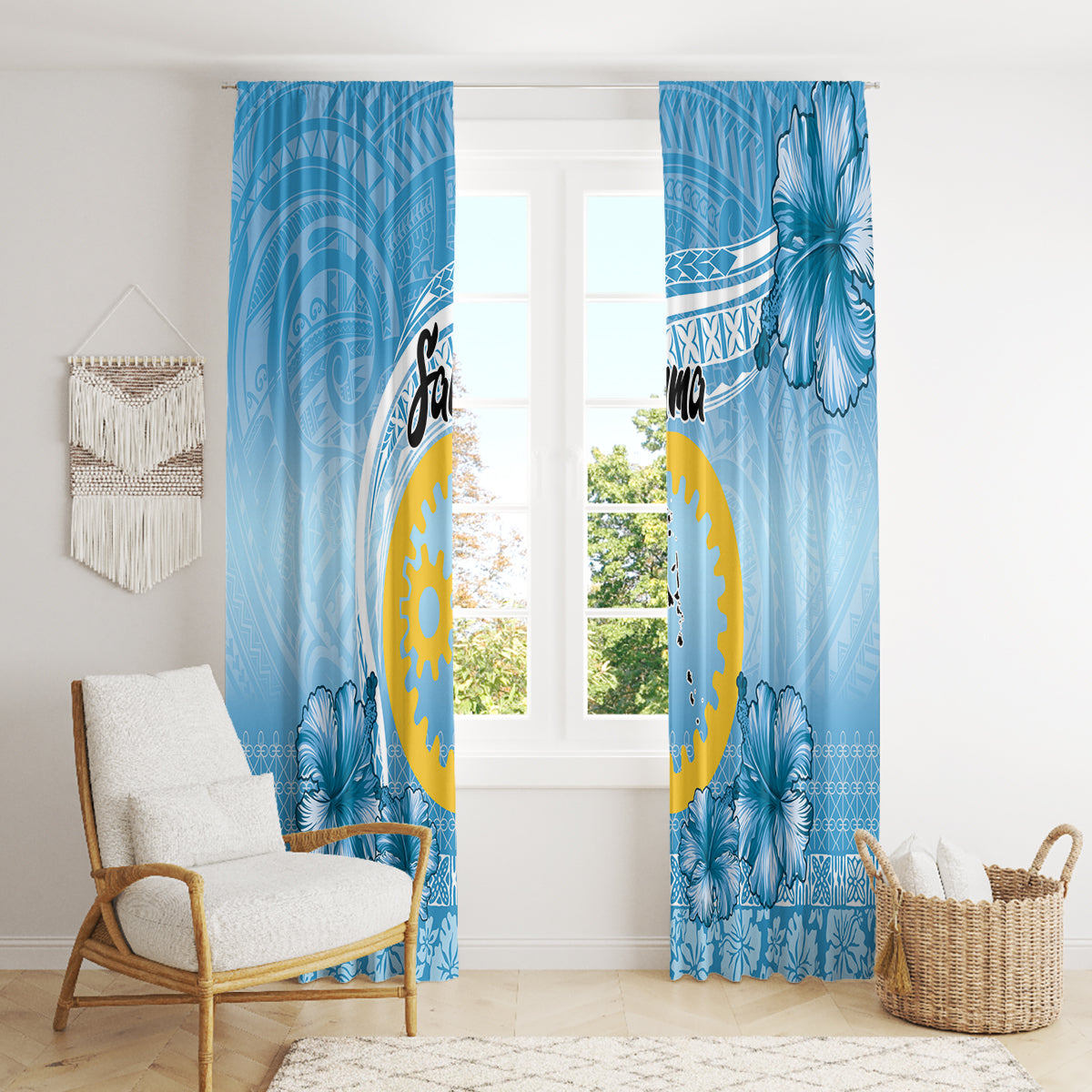 Sanma Vanuatu Window Curtain Hibiscus Sand Drawing with Pacific Pattern LT9 - Polynesian Pride