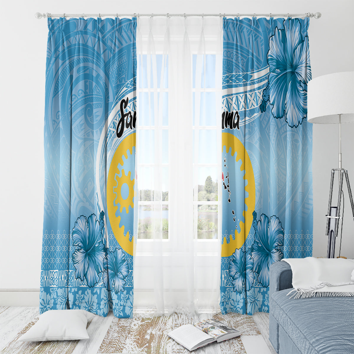 Sanma Vanuatu Window Curtain Hibiscus Sand Drawing with Pacific Pattern LT9 - Polynesian Pride