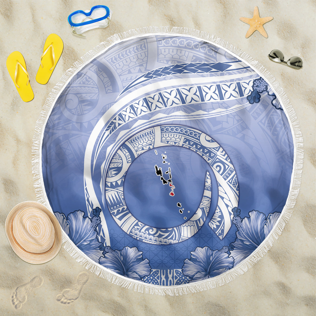 Shefa Vanuatu Beach Blanket Hibiscus Sand Drawing with Pacific Pattern LT9 One Size 150cm Blue Art - Polynesian Pride