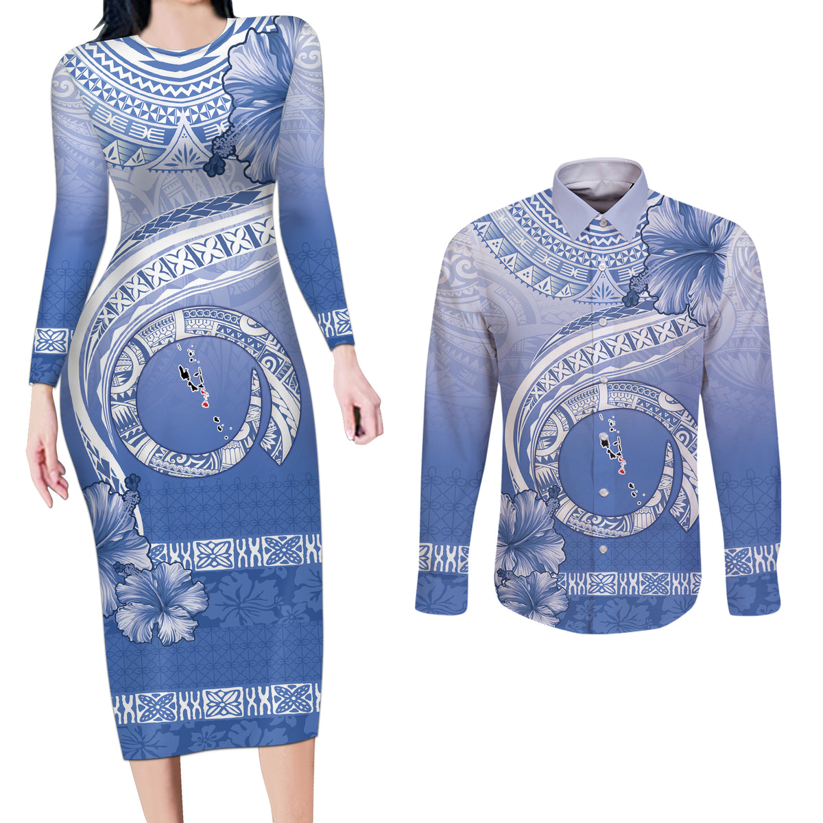 Shefa Vanuatu Couples Matching Long Sleeve Bodycon Dress and Long Sleeve Button Shirt Hibiscus Sand Drawing with Pacific Pattern LT9 Blue Art - Polynesian Pride