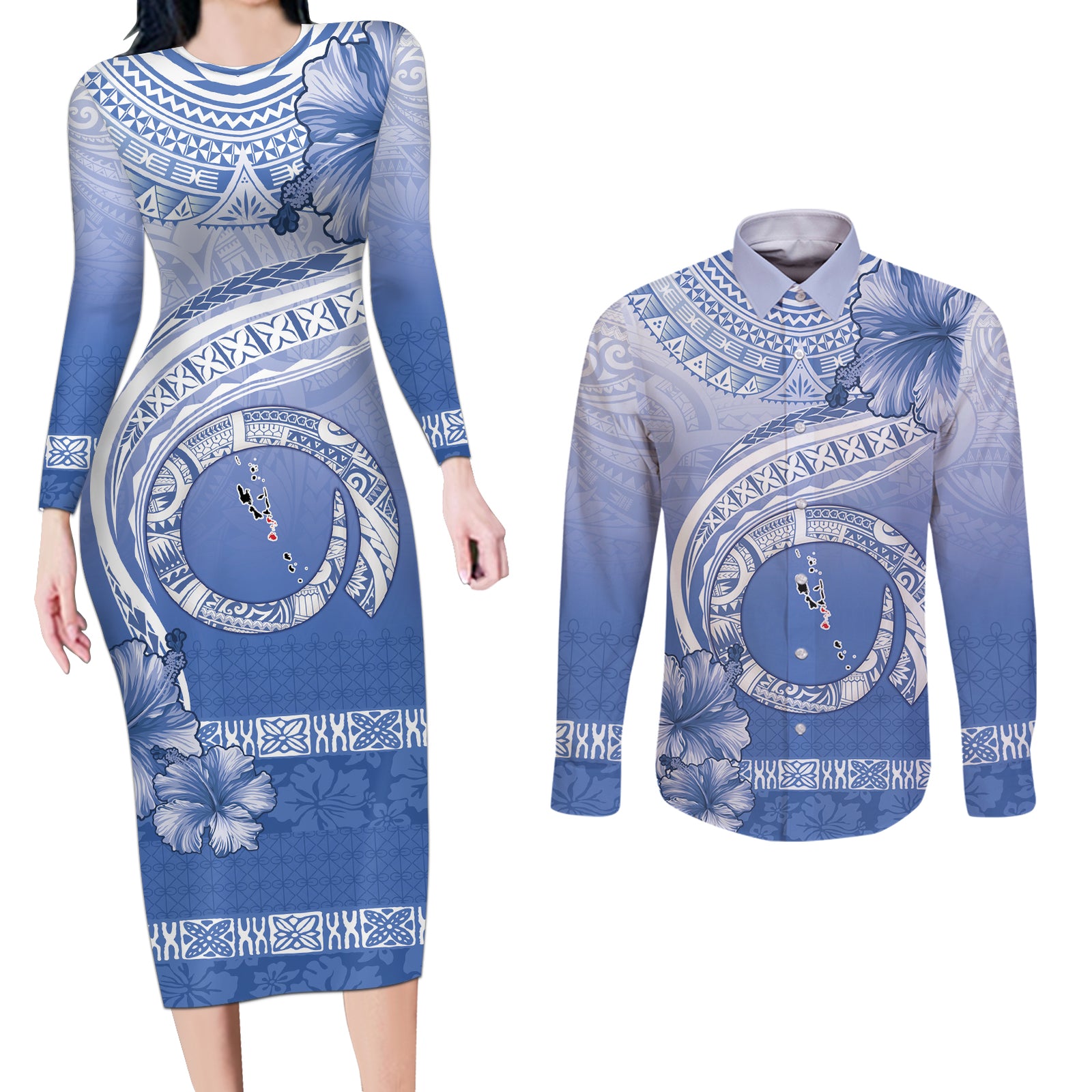 Shefa Vanuatu Couples Matching Long Sleeve Bodycon Dress and Long Sleeve Button Shirt Hibiscus Sand Drawing with Pacific Pattern LT9 Blue Art - Polynesian Pride