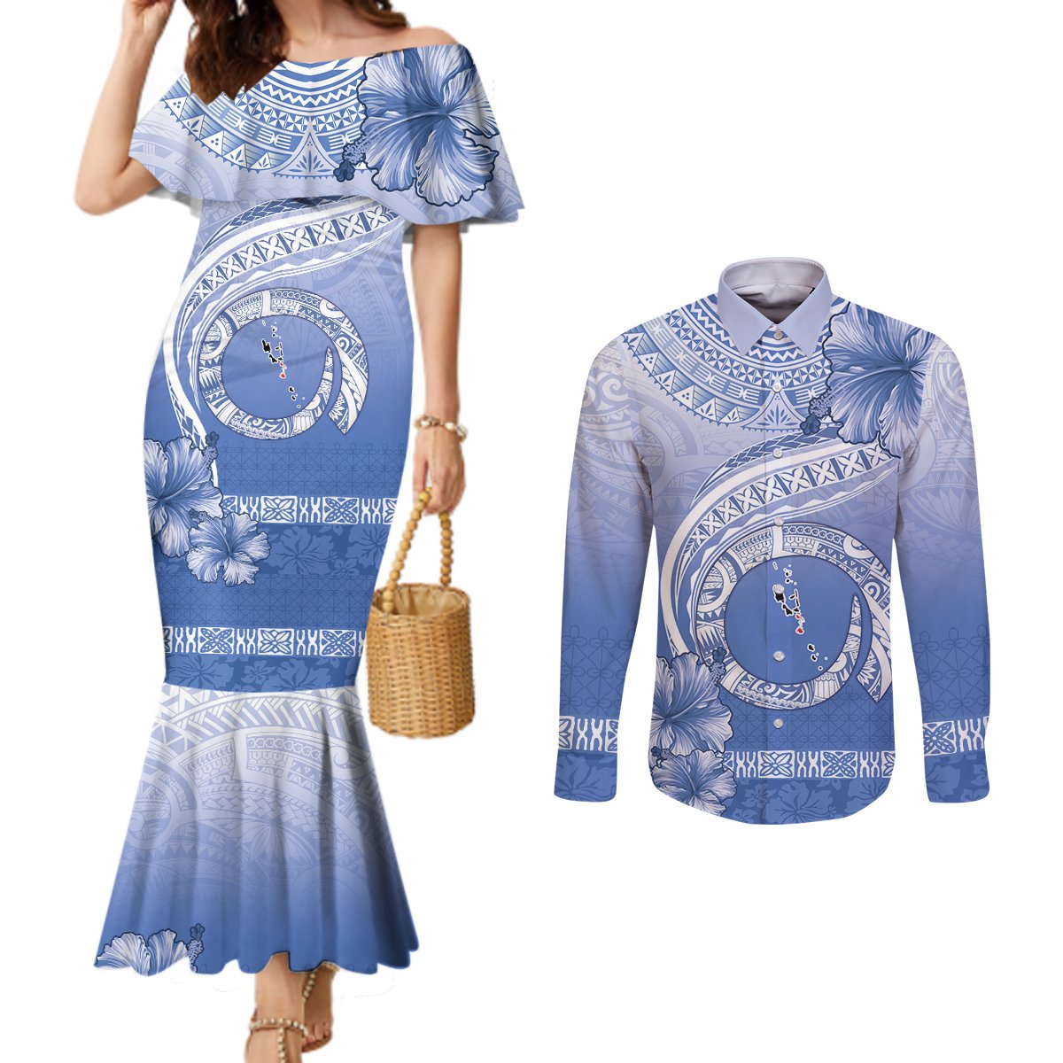 Shefa Vanuatu Couples Matching Mermaid Dress and Long Sleeve Button Shirt Hibiscus Sand Drawing with Pacific Pattern LT9 Blue Art - Polynesian Pride