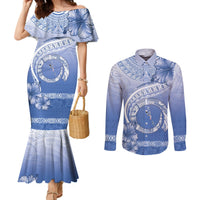 Shefa Vanuatu Couples Matching Mermaid Dress and Long Sleeve Button Shirt Hibiscus Sand Drawing with Pacific Pattern LT9 Blue Art - Polynesian Pride