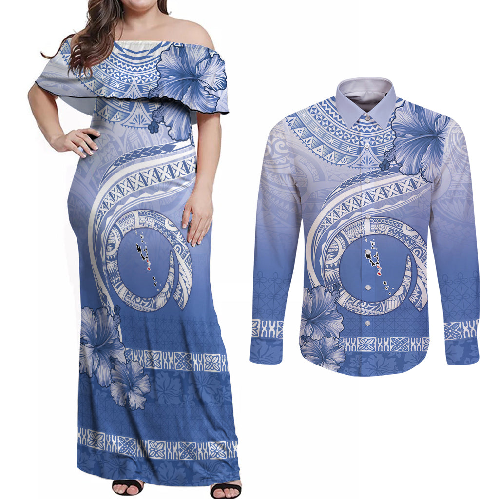 Shefa Vanuatu Couples Matching Off Shoulder Maxi Dress and Long Sleeve Button Shirt Hibiscus Sand Drawing with Pacific Pattern LT9 Blue Art - Polynesian Pride