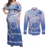 Shefa Vanuatu Couples Matching Off Shoulder Maxi Dress and Long Sleeve Button Shirt Hibiscus Sand Drawing with Pacific Pattern LT9 Blue Art - Polynesian Pride