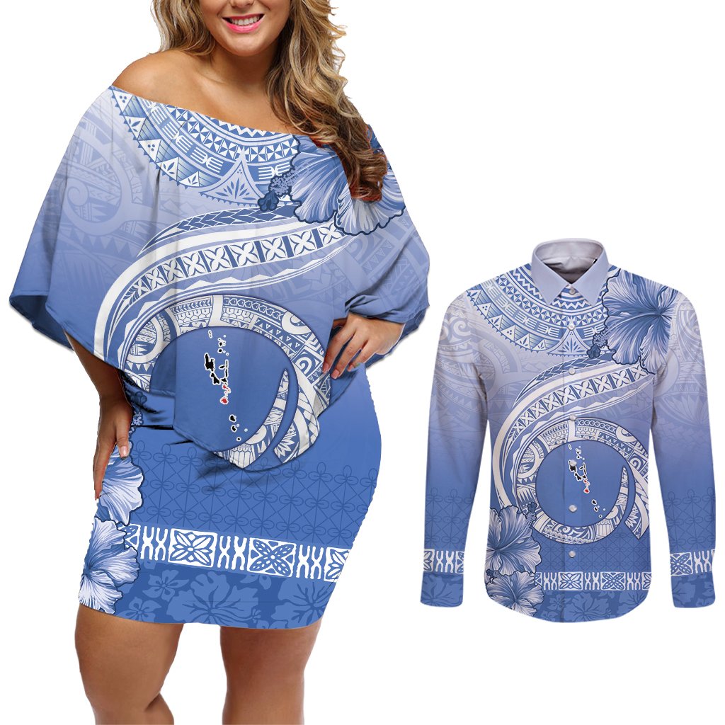 Shefa Vanuatu Couples Matching Off Shoulder Short Dress and Long Sleeve Button Shirt Hibiscus Sand Drawing with Pacific Pattern LT9 Blue Art - Polynesian Pride