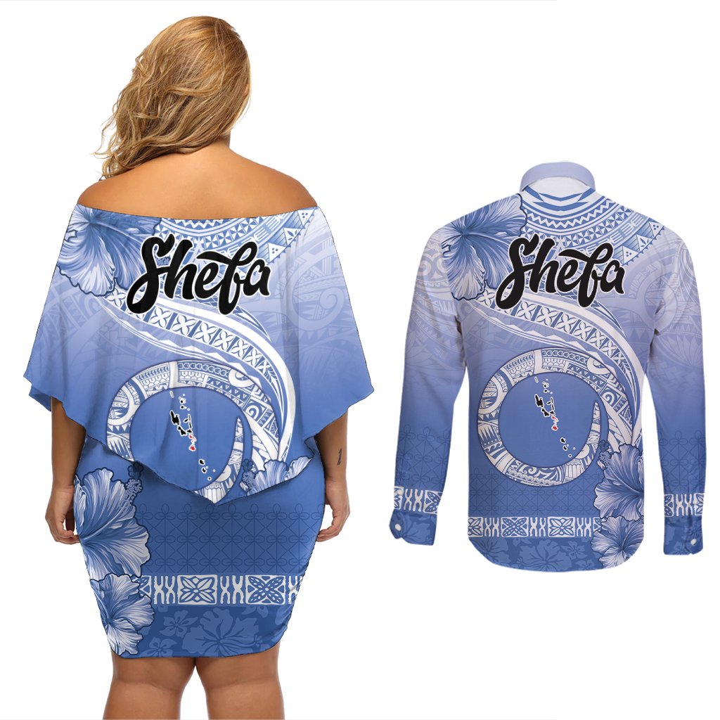 Shefa Vanuatu Couples Matching Off Shoulder Short Dress and Long Sleeve Button Shirt Hibiscus Sand Drawing with Pacific Pattern LT9 - Polynesian Pride
