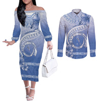 Shefa Vanuatu Couples Matching Off The Shoulder Long Sleeve Dress and Long Sleeve Button Shirt Hibiscus Sand Drawing with Pacific Pattern LT9 Blue Art - Polynesian Pride